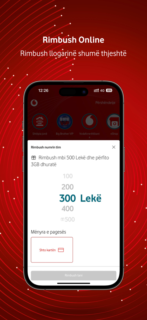 Tela de recarga online para o aplicativo móvel My Vodafone Albânia mostrando a seleção do valor do crédito
