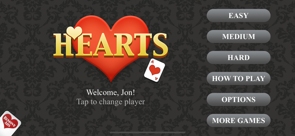 Hauptmenübildschirm des Hearts-Kartenspiels mit Schwierigkeitseinstellungen und Gameplay-Optionen