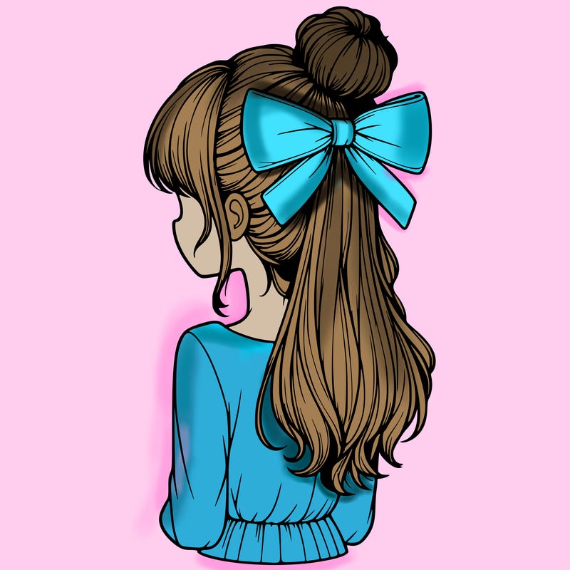 realistic girl  with hip length hair a bun and a big bow on the back of head
