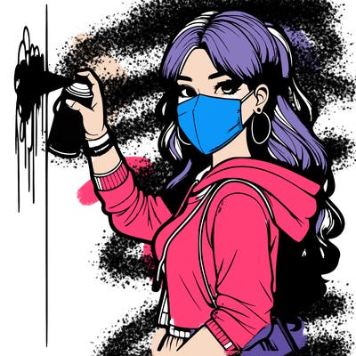 realistic girl with mask spray painting a wall