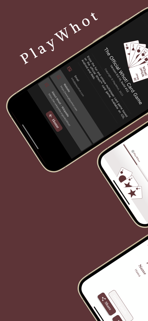 Multiple smartphone screens displaying the Play Whot card game app interface