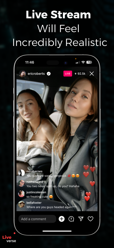 Liverse - AI Fake Live Stream - Realistic fake live stream interface on Liverse app showing high viewer counts and AI fan comments