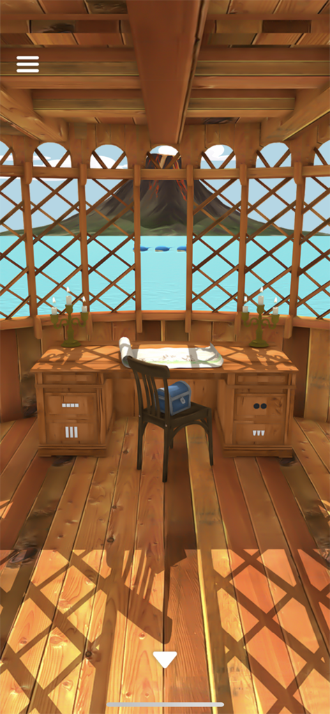 Una acogedora habitación de madera con un escritorio y un mapa con vistas a un volcán y al mar en Nunca Jamás.