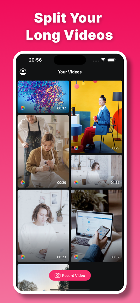 Split Video: Story Cutter - Split Video app home screen showing a collection of videos ready to be cut into stories