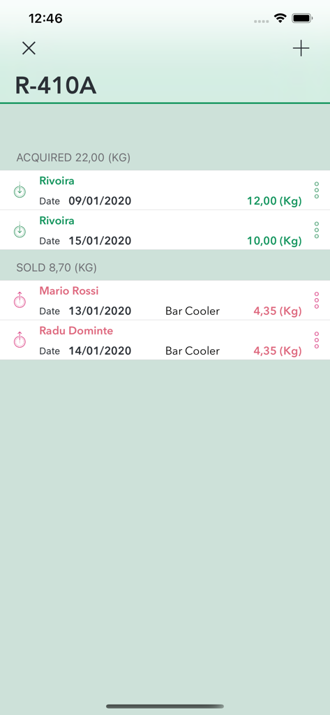 F-Gas Toolアプリのインターフェース。R-410A冷媒の取得および販売ログがGasp Manager画面に表示されています。