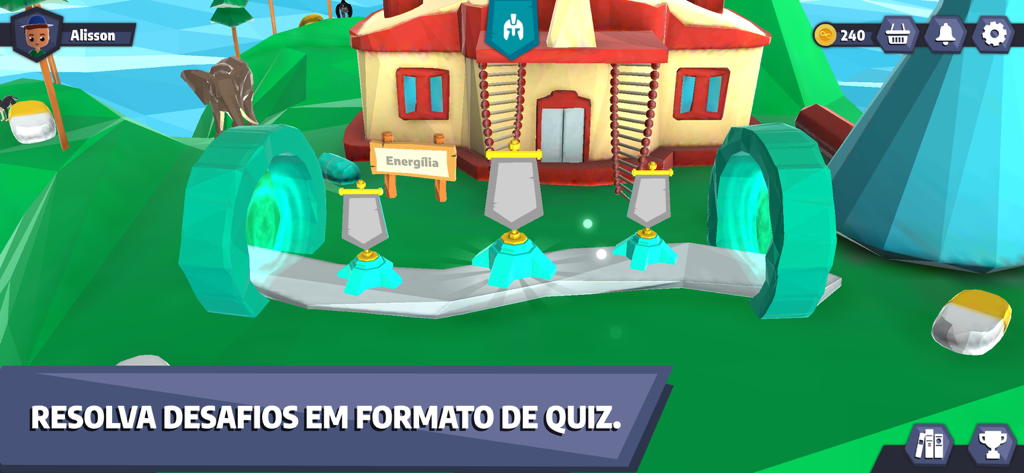Um mapa educacional gamificado 3D no aplicativo Meu Bernoulli XP com portais e desafios de quiz.