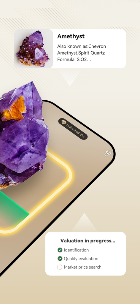 Rock Master app interface identifying an amethyst crystal and showing valuation progress