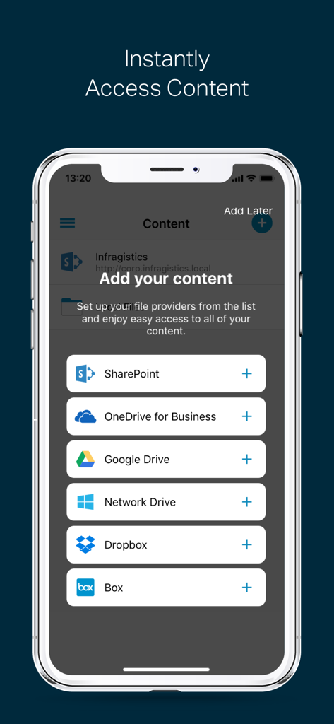 SharePlus for Office 365 - Mobile app interface showing options to add content from SharePoint OneDrive Google Drive and Dropbox