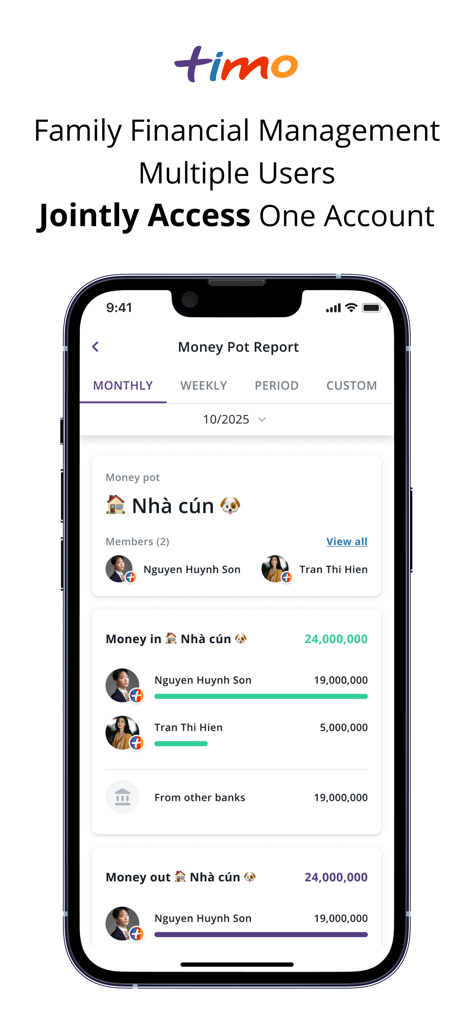 Timo Digital Bank by BVBank - Timo Digital Bank app interface showing a shared family money pot for joint financial management between multiple users
