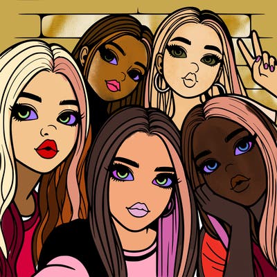 group of teen girls friends y2k up close in a selfie