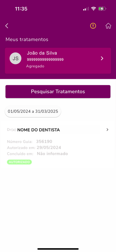 Uniodonto Beneficiário - Uniodonto Beneficiário app screen showing dental treatment records and authorized status