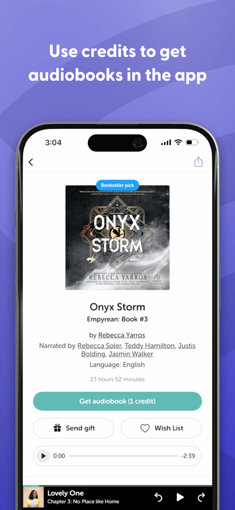 The Libro.fm app interface displaying the option to purchase the audiobook Onyx Storm using a credit.