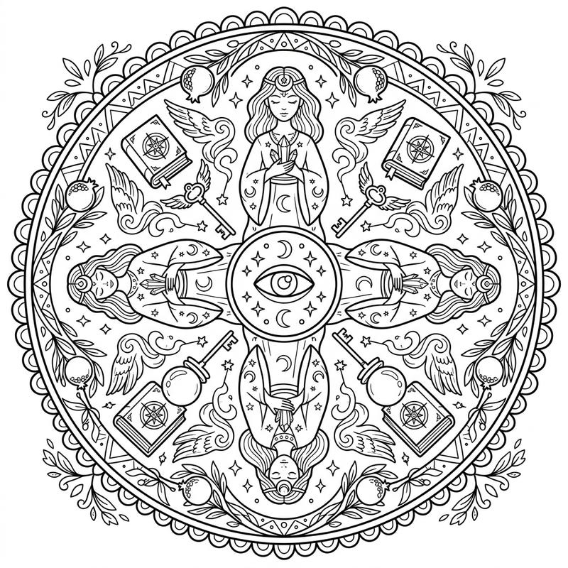 Journey into a world of magic and prophecy with this captivating oracle mandala designed just for kids! Its symmetrical patterns and mystical elements offer an engaging coloring adventure perfect for young imaginations.