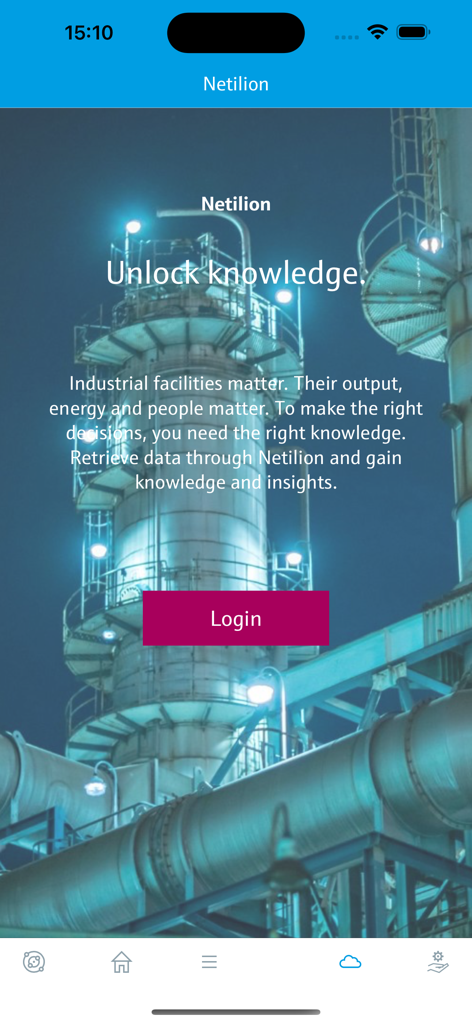 Endress+Hauser SmartBlue - Netilion login screen for the SmartBlue industrial app featuring a factory background.