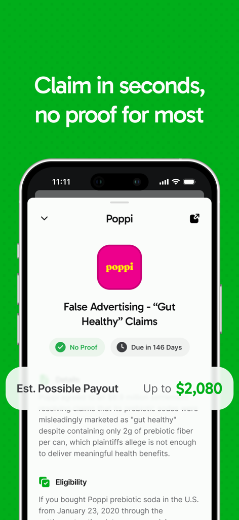 PayMe - Claim Your Money - PayMeアプリのインターフェース。Poppiのクラスアクション訴訟の和解金として最大2080ドルの支払い額を示しています。