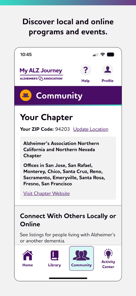 My ALZ Journey - My ALZ Journey app community screen showing local Alzheimer Association chapter information and support resources