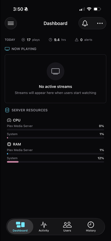 Tracearr - Tracearr app dashboard displaying real-time server CPU and RAM usage for a Plex media server
