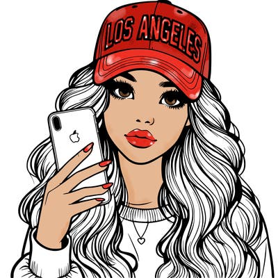 realistic beautiful girl wearing los ángeles cap holding an iphone
