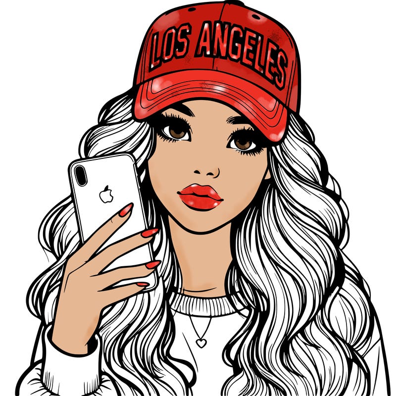 realistic beautiful girl wearing los ángeles cap holding an iphone