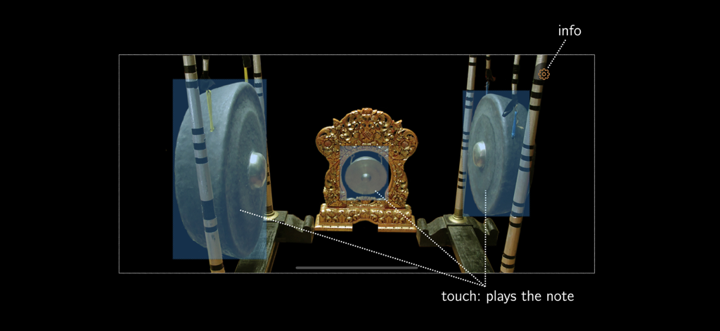 Oberfläche der Gong Kempur Kemong App mit drei traditionellen balinesischen Gamelan-Instrumenten und Touch-Play-Anweisungen