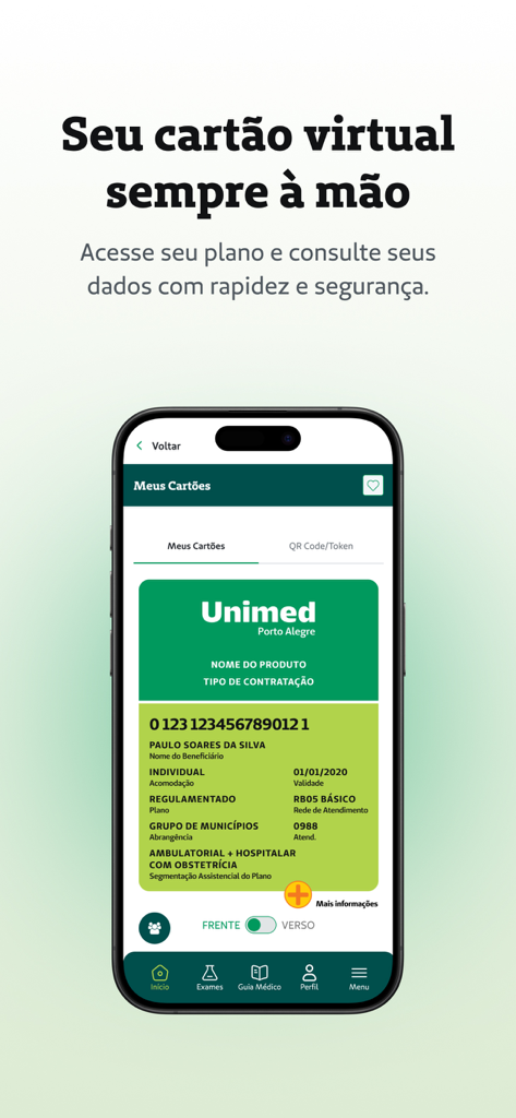 Unimed POA - Unimed POA mobile app screen showing a digital health insurance card with personal beneficiary details.
