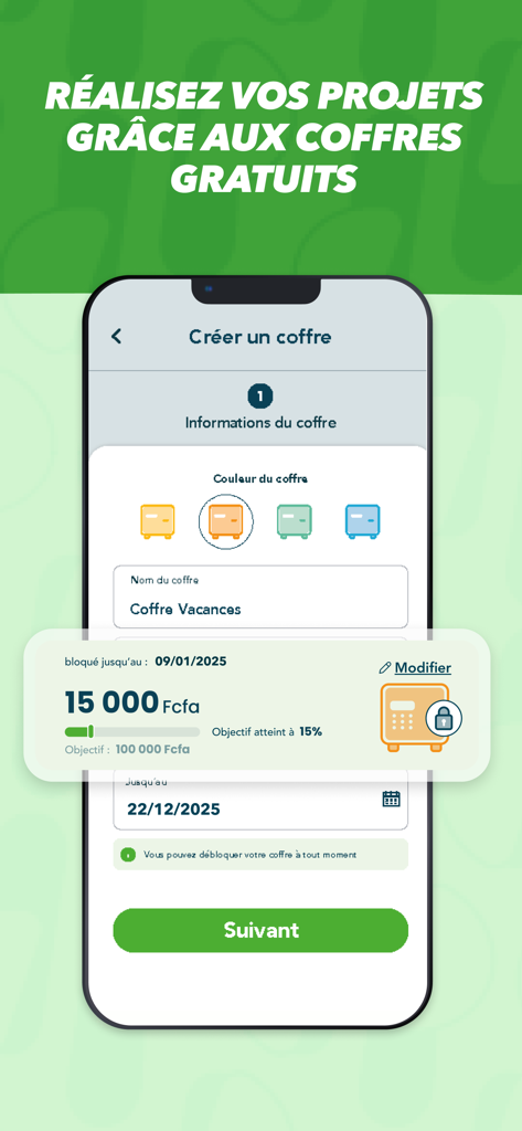 Push CI - Interface de l'application mobile Push CI montrant une fonctionnalité de coffre d'épargne gratuit pour atteindre des objectifs financiers avec suivi des progrès.