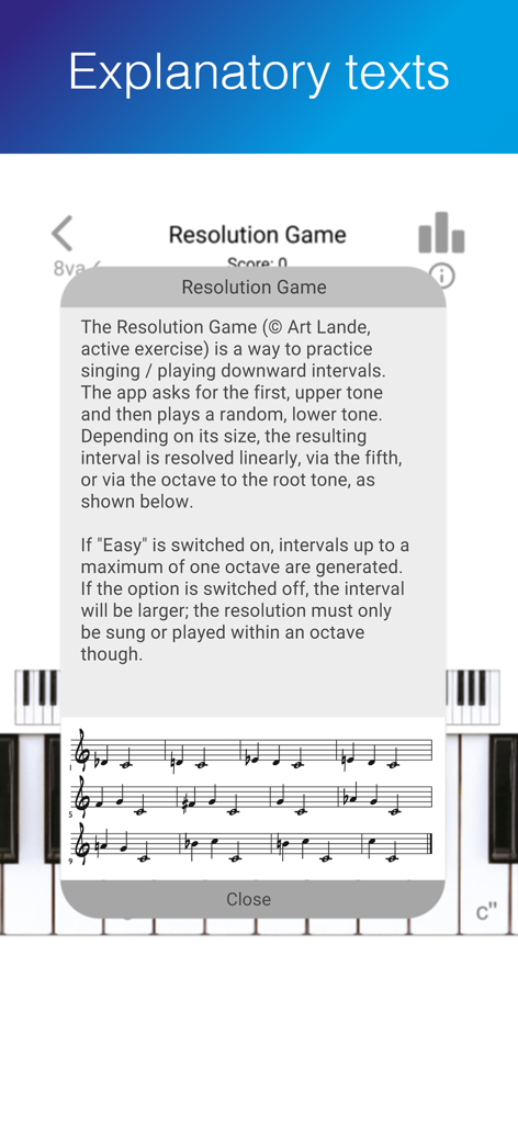 ET - Ear Trainer - Una ventana modal en la aplicación ET Ear Trainer que explica el Juego de Resolución con ejemplos de notación musical.