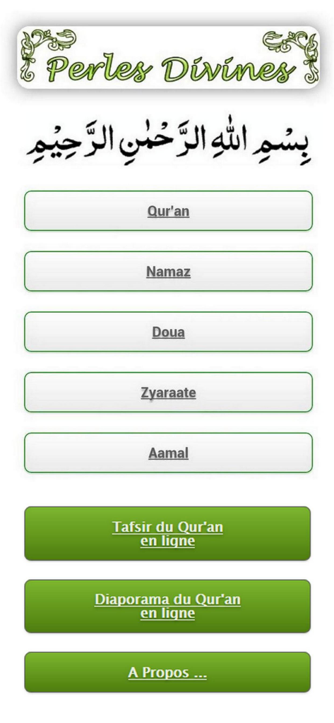Perles Divines - Main menu of the Perles Divines app featuring religious sections for Quran, Namaz, and Doua