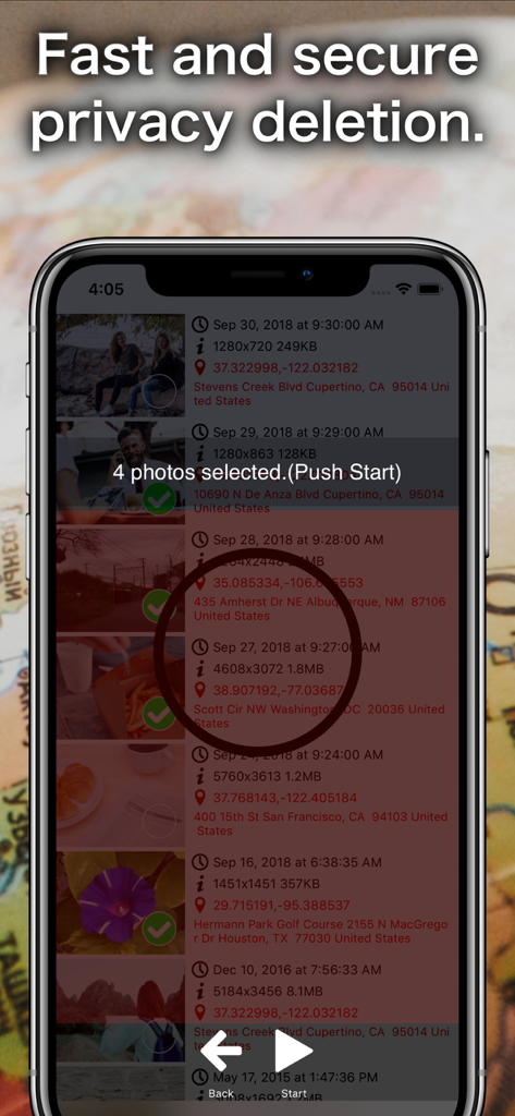 Exif delete - Photo Secure - Tela de smartphone mostrando a interface do aplicativo Exif delete com várias fotos selecionadas para remoção em lote de localização e metadados de privacidade.