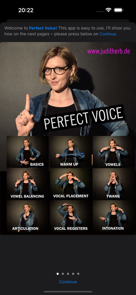 Perfect Voice – Learn to Sing - Interfaz de la aplicación Perfect Voice que muestra nueve módulos de entrenamiento vocal dirigidos por la coach Judith Erb