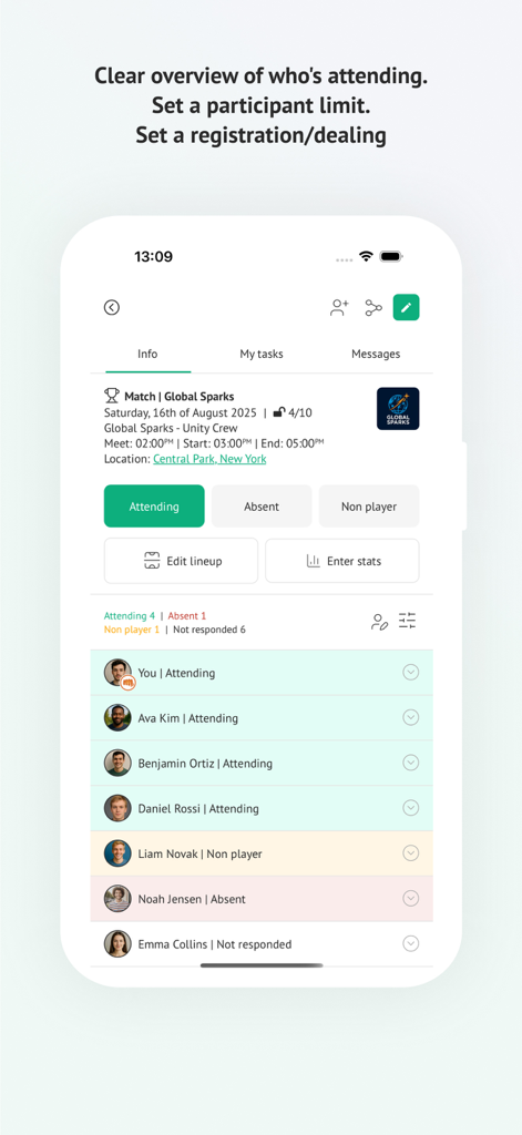 Ein mobiler App-Bildschirm, der ein Sportereignis mit einer Liste der teilnehmenden und abwesenden Spieler anzeigt