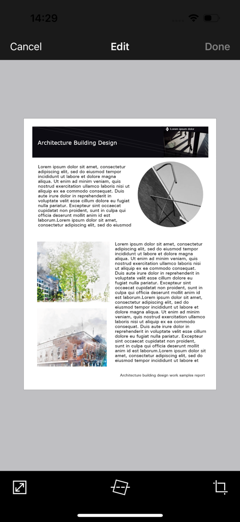 Interface do aplicativo móvel Brother iPrint e Scan mostrando um documento sendo editado com ferramentas para cortar e endireitar