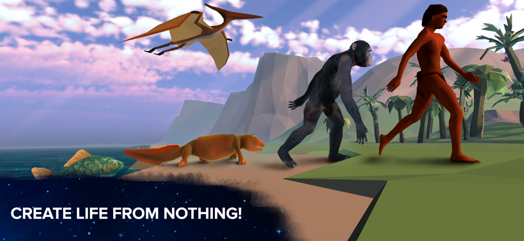 A 3D illustration showing the evolution of life from a fish to a human with the text Create Life From Nothing