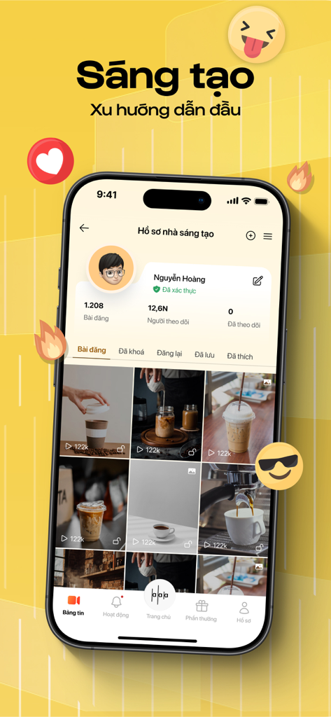 Creator profile screen in the Lalala Cafe app displaying coffee photos and follower counts.