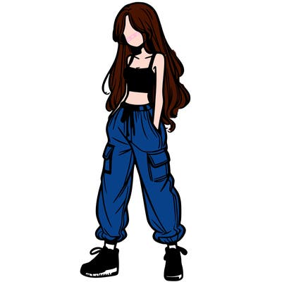 girl in baggy pants crop top and long hair