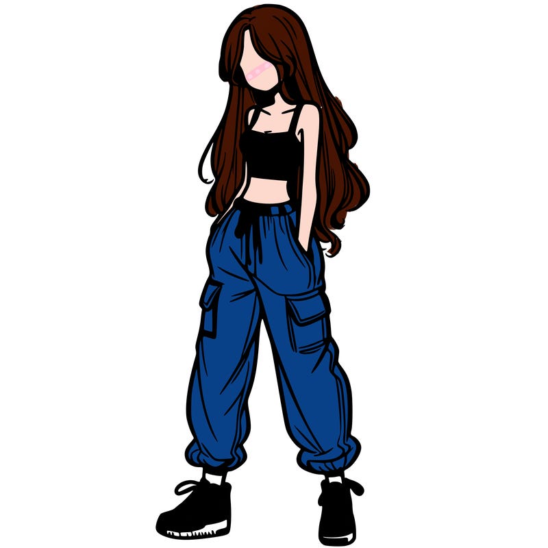 girl in baggy pants crop top and long hair