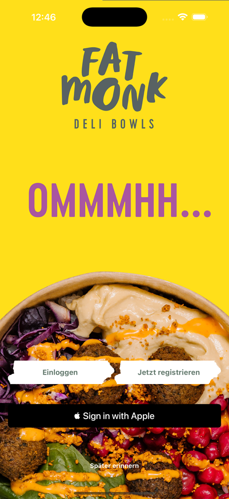 Fat Monk - Fat Monk app welcome screen showing a healthy deli bowl and login options