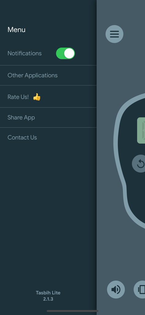Side menu of the Tasbih Counter Lite dhikr app featuring notification settings and support links