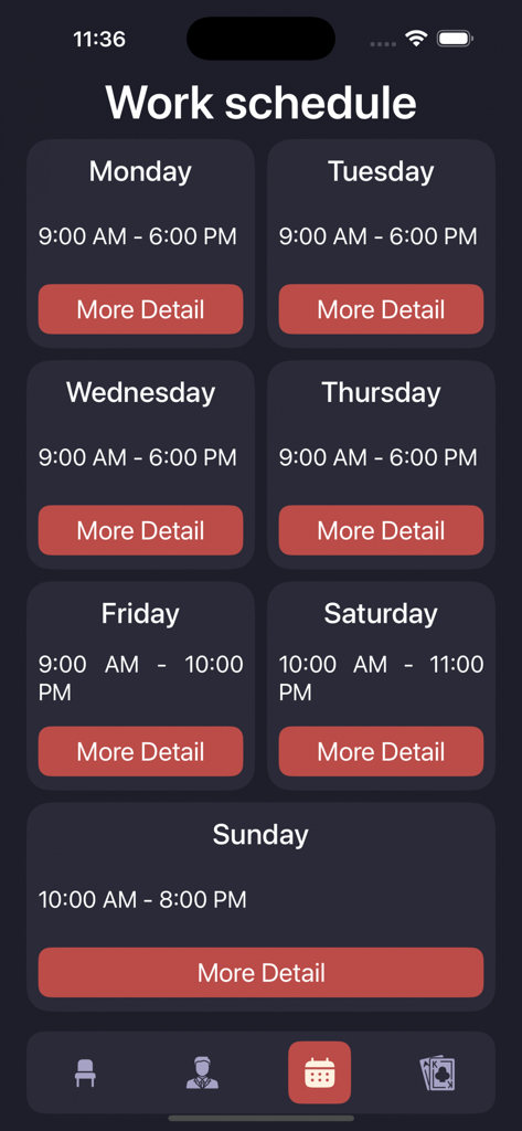 Day Winner Lounge - Weekly work schedule and opening hours for the Day Winner Lounge venue.