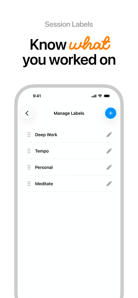 Tempo Focus - Pomodoro Timer - Una pantalla que muestra etiquetas de sesión como Trabajo Profundo y Personal en la aplicación Tempo Focus