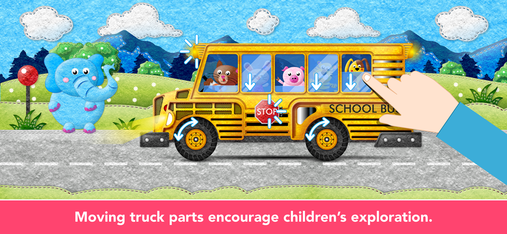 Scuolabus animato con passeggeri animali in un gioco educativo per bambini