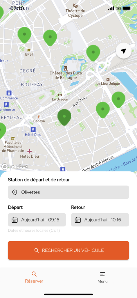 marguerite Autopartage Nantes - Interface of marguerite car sharing app showing station locations on a map of Nantes