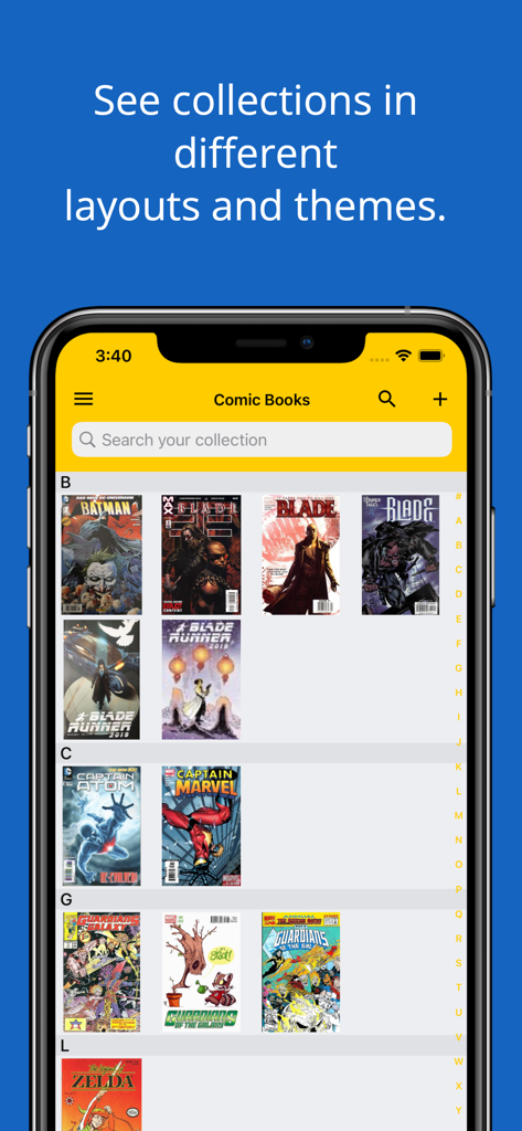 iCollect Comic Books - Keys - Interface do aplicativo móvel mostrando uma coleção organizada de quadrinhos com capas e seções alfabéticas.