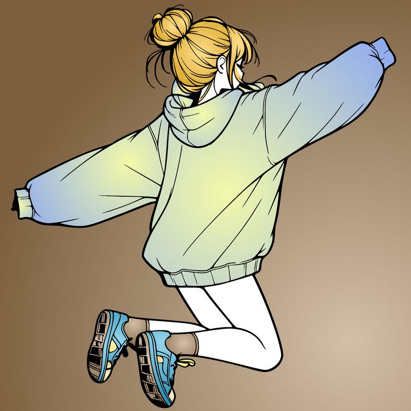realistic girl jumping with a bun and oversized sweatshirt