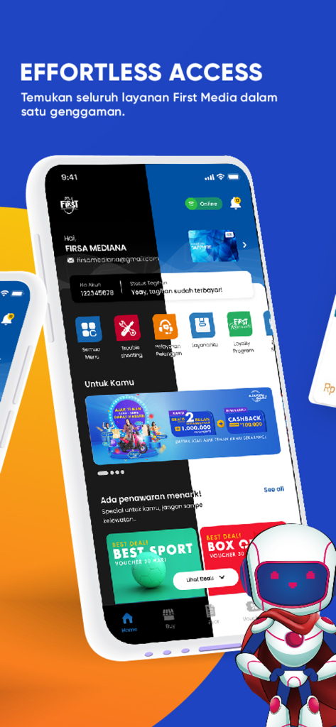My FirstMedia - My FirstMedia mobile app home screen showing account information and service menu with a promotional banner