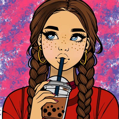 realistic girl with braided hair drinking boba