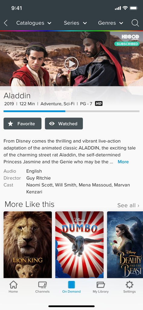 Interface do aplicativo EON TV exibindo detalhes do filme Aladdin com informações do elenco e recomendações de filmes semelhantes