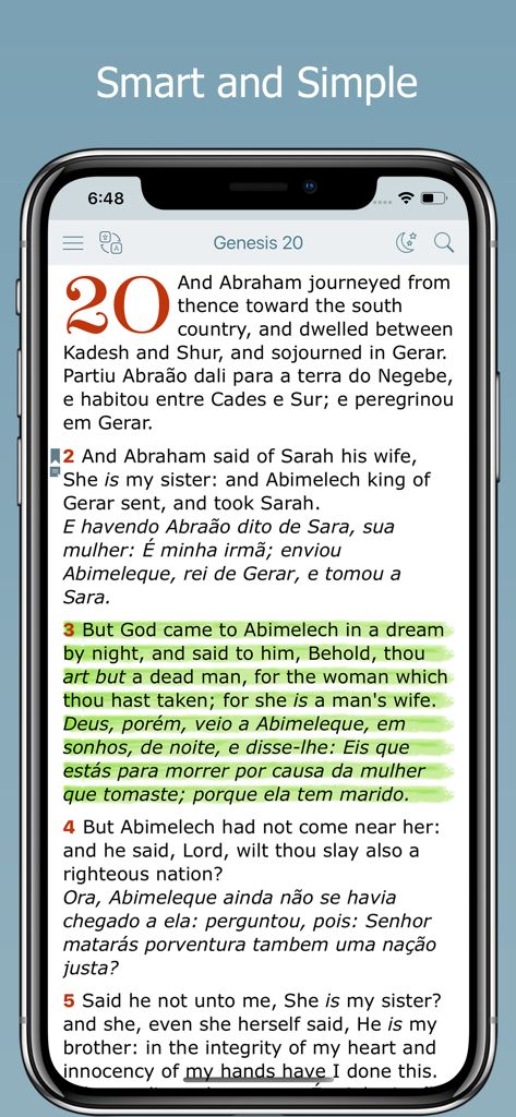 Bilingual Bible app screen showing parallel English and Portuguese scripture from Genesis with highlighted verses