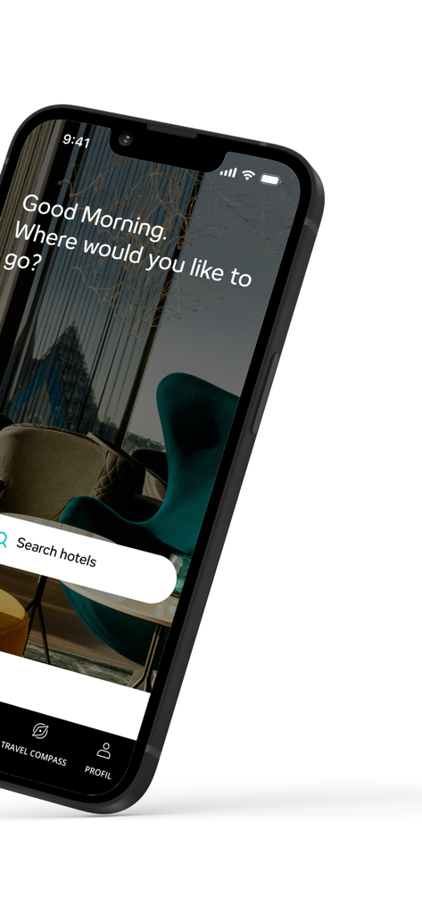 Motel One Mobile App Startbildschirm mit einer Hotelsuchleiste und stilvollem Lobby-Hintergrund.