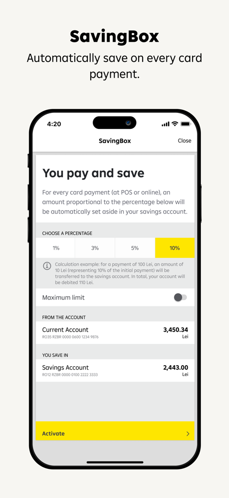 Raiffeisen Smart MobileアプリのSavingBox画面、カード支払いからの自動貯蓄率を設定するオプションが表示されています。